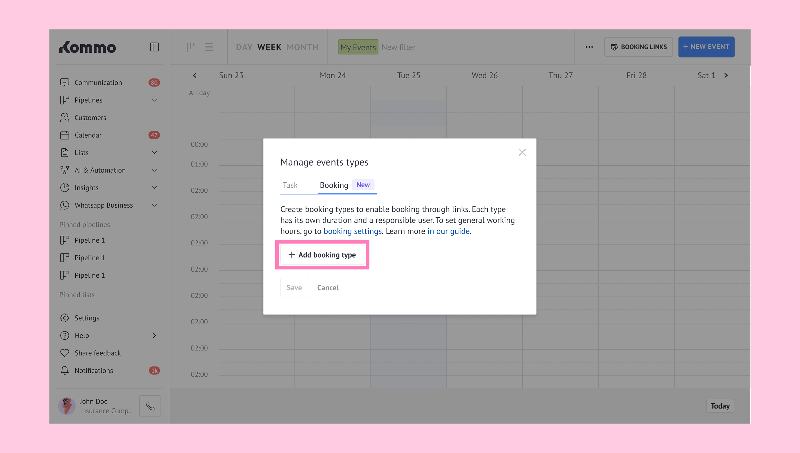 Manage event types with options to add booking types and save changes.